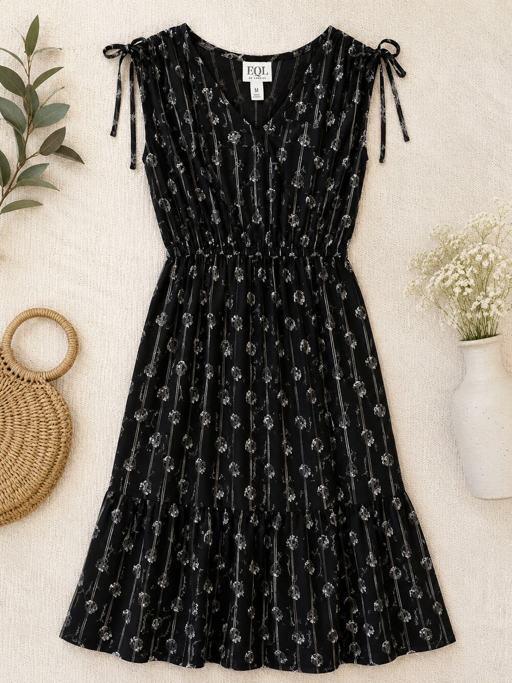 EQL by Kerrits Soft Breeze Dress Women's Medium Black Midi Tie Waist Tiered